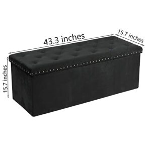 PINPLUS Black Storage Ottoman Bench with Benches Foot Rest Stool, Large Long Folding Velvet Toy Shoes Chest for Bedroom, Living Room, 43.3"x15.7"x15.7"