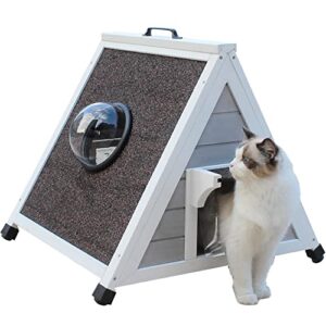 deblue weatherproof outdoor feral cat house, feral cat house with escape door and clear window, small animal house and habitats-grey