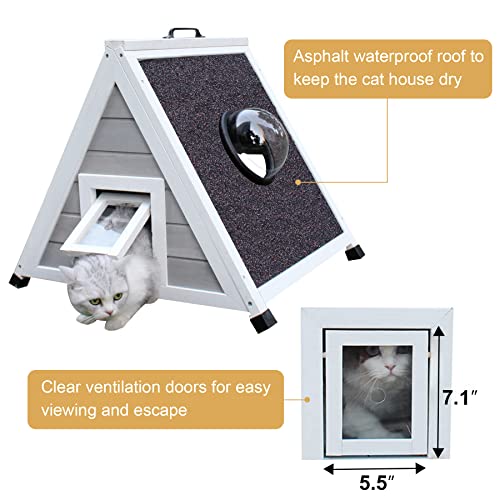 Deblue Weatherproof Outdoor Feral Cat House, Feral Cat House with Escape Door and Clear Window, Small Animal House and Habitats-Grey