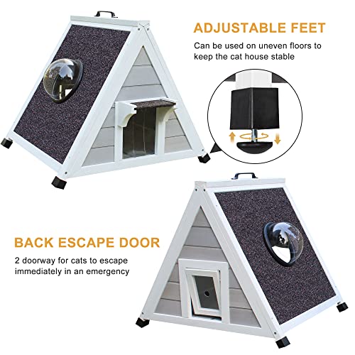 Deblue Weatherproof Outdoor Feral Cat House, Feral Cat House with Escape Door and Clear Window, Small Animal House and Habitats-Grey