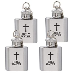 ronrons 4 pieces metal holy water bottles with keychain, 100ml empty refillable catholic christian holy water container with black cross, easter party favor church thanksgiving day decorative bottle