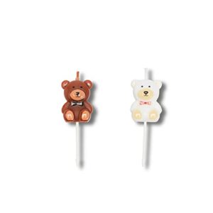 lovelyshop 3d white & brown teddy bear birthday candles cake topper, assorted candles for party 2 3/4", 2pc