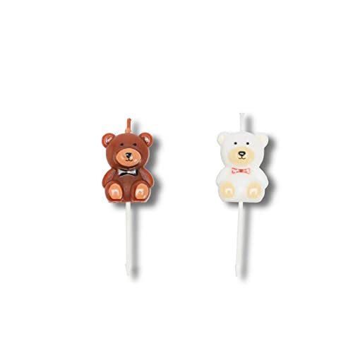 Lovelyshop 3D White & Brown Teddy Bear Birthday Candles Cake Topper, Assorted Candles for Party 2 3/4", 2pc