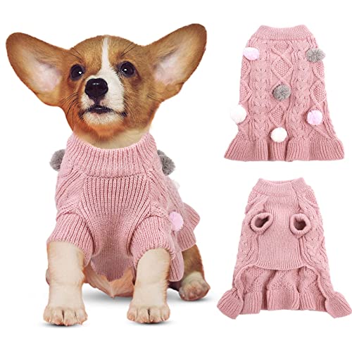 JUDYBRIDAL Dog Sweater Dress, Turtleneck Pet Sweater with Colorful Pom Pom Warm Knitwear Pullover Dog Skirt Puppy Princess Dress Apparel for Small Medium Dogs and Cats (XL | Pink)