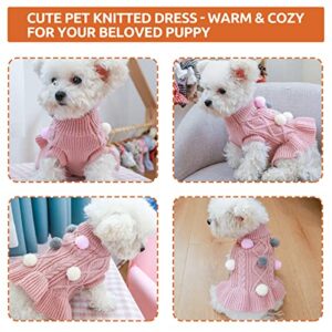 JUDYBRIDAL Dog Sweater Dress, Turtleneck Pet Sweater with Colorful Pom Pom Warm Knitwear Pullover Dog Skirt Puppy Princess Dress Apparel for Small Medium Dogs and Cats (XL | Pink)