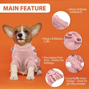 JUDYBRIDAL Dog Sweater Dress, Turtleneck Pet Sweater with Colorful Pom Pom Warm Knitwear Pullover Dog Skirt Puppy Princess Dress Apparel for Small Medium Dogs and Cats (XL | Pink)