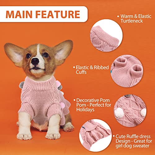 JUDYBRIDAL Dog Sweater Dress, Turtleneck Pet Sweater with Colorful Pom Pom Warm Knitwear Pullover Dog Skirt Puppy Princess Dress Apparel for Small Medium Dogs and Cats (XL | Pink)