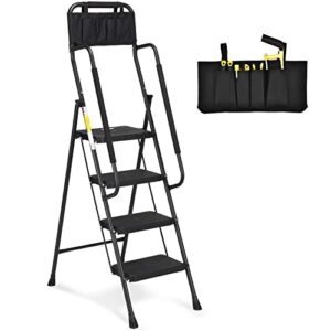 hbtower 4 step ladder with handrails, folding step stool with attachable tool bag & anti-slip wide pedal for home kitchen pantry office, 330lbs capacity black