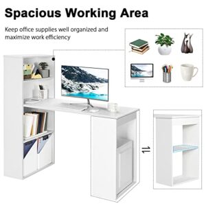 Tangkula White Computer Desk with Bookshelf, Writing Study Desk with Storage Shelves & CPU Stand, Modern Compact Computer Workstation for Home & Office, Space-Saving Design