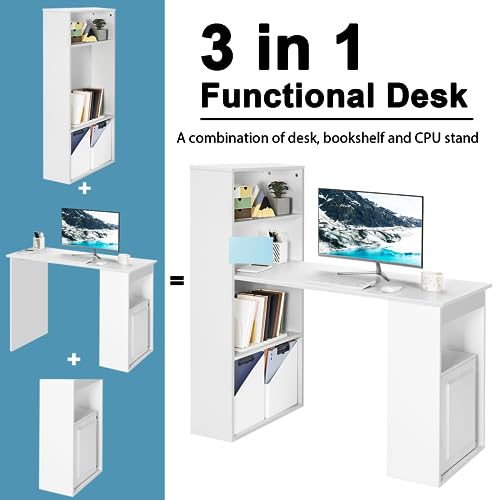 Tangkula White Computer Desk with Bookshelf, Writing Study Desk with Storage Shelves & CPU Stand, Modern Compact Computer Workstation for Home & Office, Space-Saving Design