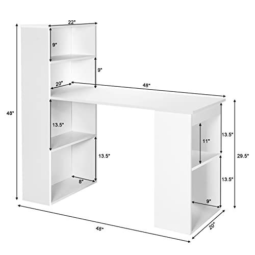 Tangkula White Computer Desk with Bookshelf, Writing Study Desk with Storage Shelves & CPU Stand, Modern Compact Computer Workstation for Home & Office, Space-Saving Design