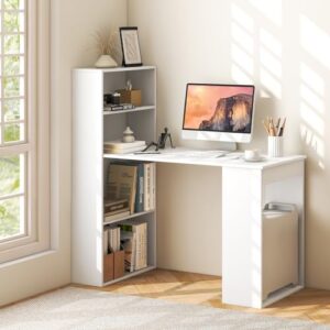 Tangkula White Computer Desk with Bookshelf, Writing Study Desk with Storage Shelves & CPU Stand, Modern Compact Computer Workstation for Home & Office, Space-Saving Design