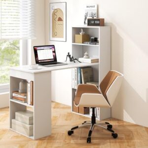 Tangkula White Computer Desk with Bookshelf, Writing Study Desk with Storage Shelves & CPU Stand, Modern Compact Computer Workstation for Home & Office, Space-Saving Design