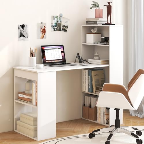 Tangkula White Computer Desk with Bookshelf, Writing Study Desk with Storage Shelves & CPU Stand, Modern Compact Computer Workstation for Home & Office, Space-Saving Design