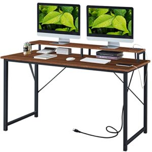 superjare computer desk with power outlet, 55 inch home office desks, industrial desk with monitor shelf, writing desk with wooden desktop and metal frame - brown