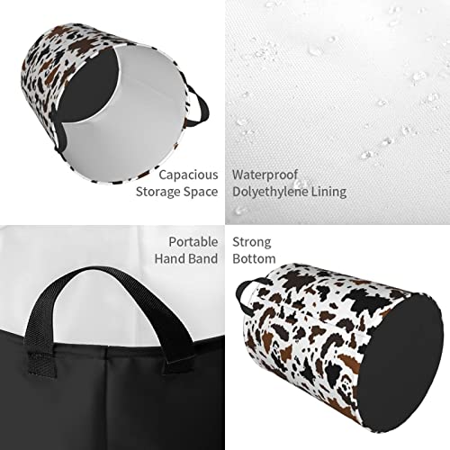 Circular Dirty Clothes Hamper Organizer Pack Black And Brown Cow Print Large Laundry Basket Storage Bag With Handles Collapsible Washing Bin For Home College Dorm Medium