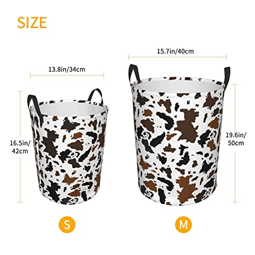 Circular Dirty Clothes Hamper Organizer Pack Black And Brown Cow Print Large Laundry Basket Storage Bag With Handles Collapsible Washing Bin For Home College Dorm Medium