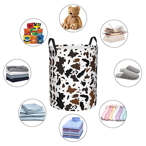 Circular Dirty Clothes Hamper Organizer Pack Black And Brown Cow Print Large Laundry Basket Storage Bag With Handles Collapsible Washing Bin For Home College Dorm Medium