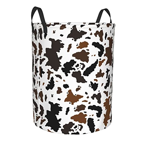 Circular Dirty Clothes Hamper Organizer Pack Black And Brown Cow Print Large Laundry Basket Storage Bag With Handles Collapsible Washing Bin For Home College Dorm Medium