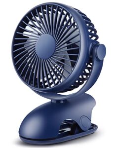 viniper rechargeable clip fan, battery operated fan : 4 speeds strong wind & 360° rotation, sturdy clamp, portable clip on fan, quiet and powerful for home office travel camping (blue)
