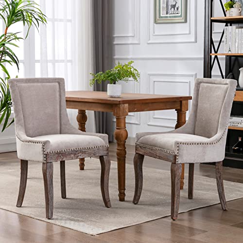 GNIXUU Set of 2 Solid Wood Fabric Upholstered Dining Chair Soft Comfortable Thicken Padded Kitchen Room Chairs Industrial Rustic Wingback Accent Chairs with Nailhead Trim. (Beige)