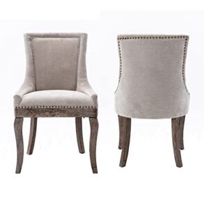 GNIXUU Set of 2 Solid Wood Fabric Upholstered Dining Chair Soft Comfortable Thicken Padded Kitchen Room Chairs Industrial Rustic Wingback Accent Chairs with Nailhead Trim. (Beige)