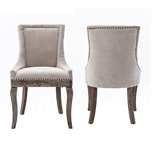 GNIXUU Set of 2 Solid Wood Fabric Upholstered Dining Chair Soft Comfortable Thicken Padded Kitchen Room Chairs Industrial Rustic Wingback Accent Chairs with Nailhead Trim. (Beige)