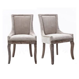 GNIXUU Set of 2 Solid Wood Fabric Upholstered Dining Chair Soft Comfortable Thicken Padded Kitchen Room Chairs Industrial Rustic Wingback Accent Chairs with Nailhead Trim. (Beige)