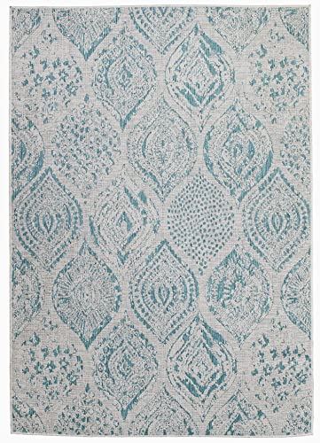 FH Home Flat Woven Outdoor Rug - Waterproof, Easy to Clean, Stain resistant - Premium Polypropylene Yarn - Distressed Farmhouse - Porch, Deck,Balcony,Laundry Room - Granada - Aqua - 2ft 7in x 4ft 11in