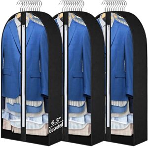 fadoty 40" garment bags for hanging clothes 6.3" gusseted hanging garment bag for storage jacket covers for closet with zipper clear garment cover dustproof for coats sweaters, 3 pack, black