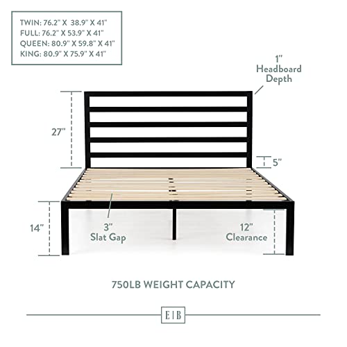 Edenbrook Cassidy Metal Platform Bed Frame with Metal Headboard - Box Spring Not Required - Wood Slat Support, Black, King