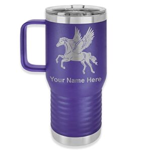lasergram 20oz vacuum insulated travel mug with handle, pegasus, personalized engraving included (dark purple)