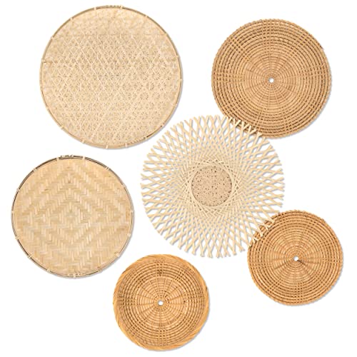 b.spoke Hanging Wall Basket Decor – Set of 6 Handmade Decorative Boho Woven Wall Baskets - Round Natural Bamboo, Wicker, Rattan Wall Decor for Your Home