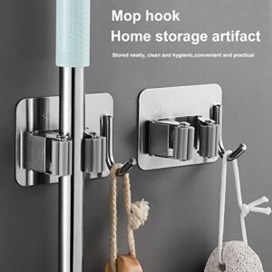 Adhiper Stainless steel heavy-duty wall-mounted broom and mop rack with hooks, mop rack and broom rack storage rack, suitable for bathroom, kitchen, room, hotel (4 pcs/silver)