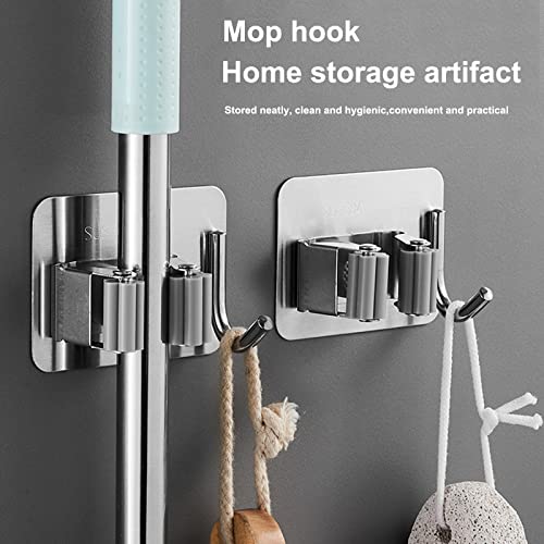 Adhiper Stainless steel heavy-duty wall-mounted broom and mop rack with hooks, mop rack and broom rack storage rack, suitable for bathroom, kitchen, room, hotel (4 pcs/silver)