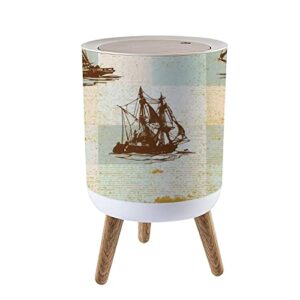 small trash can with lid sailing ships in vintage style old caravel abstract seamless on the garbage bin wood waste bin press cover round wastebasket for bathroom bedroom kitchen 7l/1.8 gallon