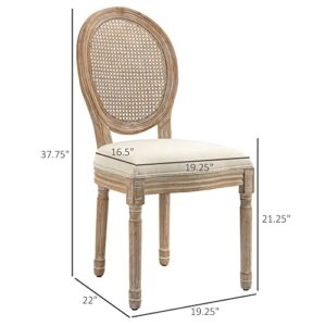 HOMCOM French-Style Upholstered Dining Chair Set, Armless Accent Side Chairs with Rattan Backrest and Linen-Touch Upholstery, Set of 2, Cream White