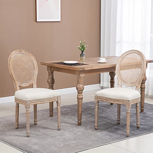 HOMCOM French-Style Upholstered Dining Chair Set, Armless Accent Side Chairs with Rattan Backrest and Linen-Touch Upholstery, Set of 2, Cream White