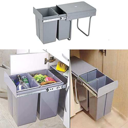 uyoyous Pull Out Trash can Under Cabinet 40 Quart Double Sliding Trash Can Under Cabinet Bin with Lid and Handle Easy to disassemble Gray Garbage Recycling Trash Container Bin