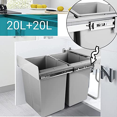 uyoyous Pull Out Trash can Under Cabinet 40 Quart Double Sliding Trash Can Under Cabinet Bin with Lid and Handle Easy to disassemble Gray Garbage Recycling Trash Container Bin