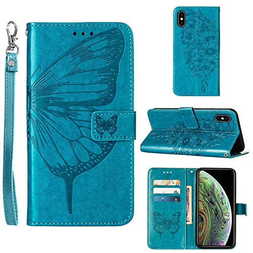 Moment Dextrad for iPhone X/Xs Wallet Case,Kickstand[Wrist Strap][Card Holder Slots] Butterfly Floral Embossed Leather Flip Cover for iPhone X/XS/10 (Blue)