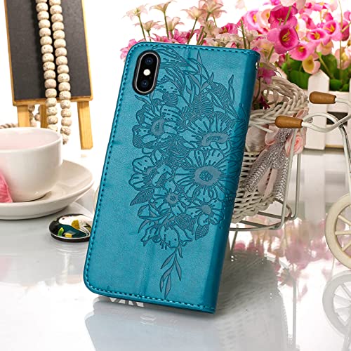 Moment Dextrad for iPhone X/Xs Wallet Case,Kickstand[Wrist Strap][Card Holder Slots] Butterfly Floral Embossed Leather Flip Cover for iPhone X/XS/10 (Blue)