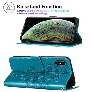 Moment Dextrad for iPhone X/Xs Wallet Case,Kickstand[Wrist Strap][Card Holder Slots] Butterfly Floral Embossed Leather Flip Cover for iPhone X/XS/10 (Blue)