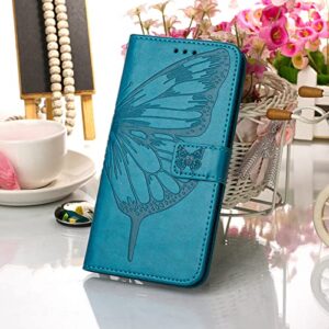 Moment Dextrad for iPhone X/Xs Wallet Case,Kickstand[Wrist Strap][Card Holder Slots] Butterfly Floral Embossed Leather Flip Cover for iPhone X/XS/10 (Blue)