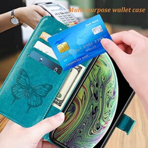 Moment Dextrad for iPhone X/Xs Wallet Case,Kickstand[Wrist Strap][Card Holder Slots] Butterfly Floral Embossed Leather Flip Cover for iPhone X/XS/10 (Blue)