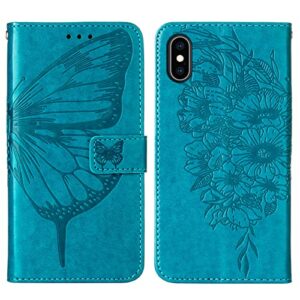 Moment Dextrad for iPhone X/Xs Wallet Case,Kickstand[Wrist Strap][Card Holder Slots] Butterfly Floral Embossed Leather Flip Cover for iPhone X/XS/10 (Blue)