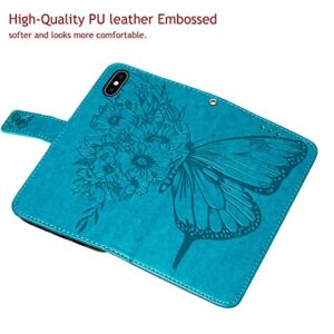 Moment Dextrad for iPhone X/Xs Wallet Case,Kickstand[Wrist Strap][Card Holder Slots] Butterfly Floral Embossed Leather Flip Cover for iPhone X/XS/10 (Blue)