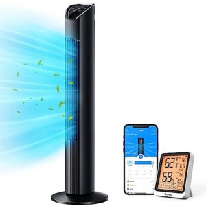 govee smart tower fan for bedroom with hygrometer thermometer h5177, wifi oscillating fan with auto mode, app control, room fan with 8 speeds 3 modes, 24h timer, works with alexa for home office