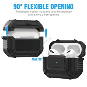 Maxjoy for Airpods Pro Case Cover with Lock, Airpods Pro Protective Case for Men Armor Hard Rugged Shockproof Cover with Keychain Compatible with Apple Airpods Pro 2019 Front LED Visible, Black