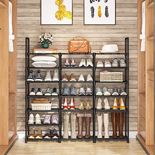 7 Tiers Large Shoe Rack, 38-42 Pairs Large Metal Boot Shelf 3 Rows Shoe Organizer Stackable Shoe Storage Cabinet Top with Waterproof PP Plastic Sheet Space Saving for Entryway Room Organization